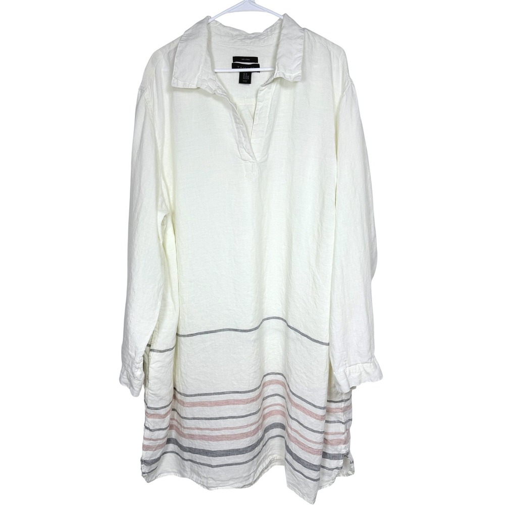 Tahari Womens 3X White 100% Linen Striped Hem Tunic Shirt Dress Relaxed Nautical